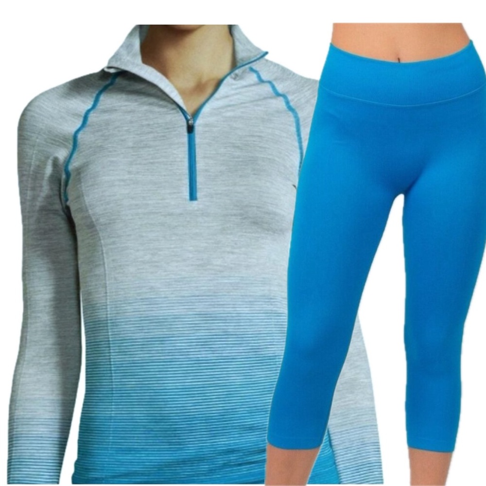 Yummie by Heather Thomson Long-Sleeve Top & Capri Tights M/L Blue Ombre Set NWOT